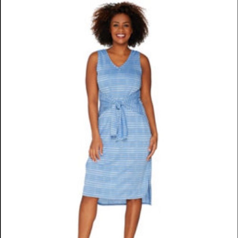 H by Halston Petite Knit Pattern Midi Dress with Waist Tie in blue medium petite - Picture 2 of 8